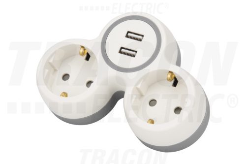 Tracon Többférőhelyes átalakító csatlakozó, 2X USB, szürke + fehér 2×SCHUKO, max.16A, 230VAC, 3680W, PP, USB: 5V, 2,1 A