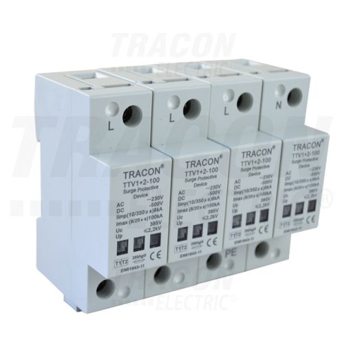 Tracon AC/DC túlfeszültség levezető, 1+2-es típus, egybeépített 230/400 V, 50 Hz, 8 kA (10/350 us) 50/100 kA (8/20 us),4P