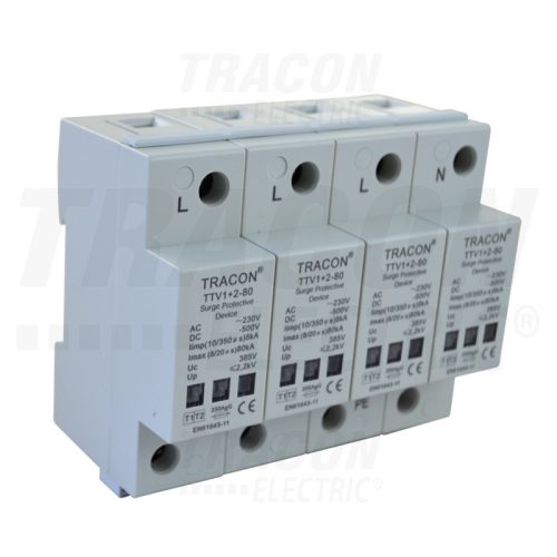 Tracon AC/DC túlfeszültség levezető, 1+2-es típus, egybeépített 230/400 V, 50 Hz, 8 kA (10/350 us) 40/80 kA (8/20 us), 4P