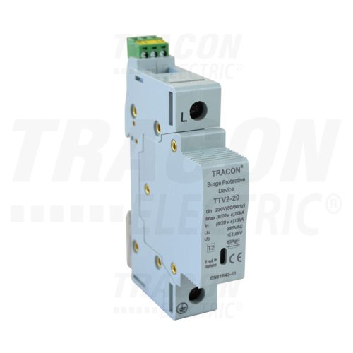 Tracon AC túlfeszültség levezető, 2-es típus, cserélhető betéttel 230 V, 50 Hz, 10/20 kA (8/20 us), 1P