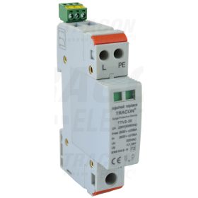   Tracon AC túlfeszültség levezető, 2-es típus,1mod.,cserélhető betét 230 V, 50 Hz, 15/30 kA (8/20 us), 1P+N/PE