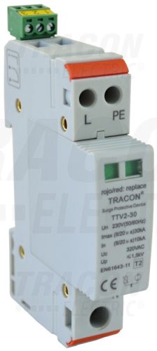 Tracon AC túlfeszültség levezető, 2-es típus,1mod.,cserélhető betét 230 V, 50 Hz, 15/30 kA (8/20 us), 1P+N/PE