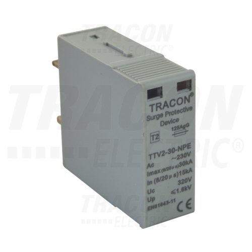 Tracon AC túlfeszültség levezető betét; 2-es típus, "B" modul 230 V, 50 Hz, 15/30 kA (8/20 us), 1P+N/PE (TTV2-30)