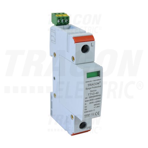 Tracon AC túlfeszültség levezető, 2-es típus, cserélhető betéttel 230 V, 50 Hz, 20/40 kA (8/20 us), 1P