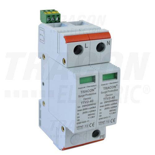 Tracon AC túlfeszültség levezető, 2-es típus, cserélhető betéttel 230/400 V, 50 Hz, 20/40 kA (8/20 us), 2P