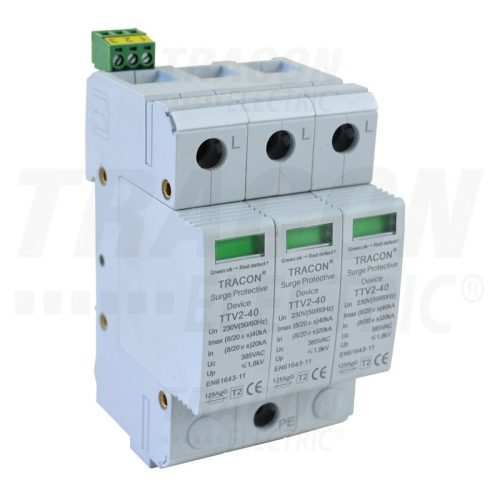 Tracon AC túlfeszültség levezető, 2-es típus, cserélhető betéttel 230/400 V, 50 Hz, 20/40 kA (8/20 us), 3P