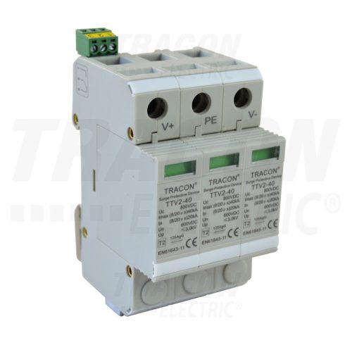 Tracon DC túlfeszültség levezető PV rendszerhez; 2-es típus; 3modul 600 VDC, 20/40 kA (8/20 us), 2P