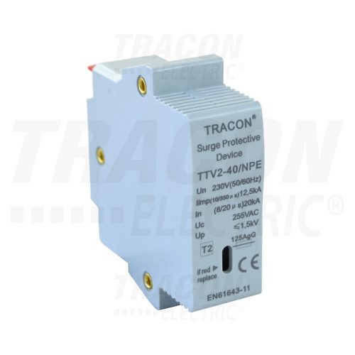 Tracon AC túlfeszültség levezető betét; 2-es típus 230 V, 50 Hz, 20/40 kA (8/20 us), N/PE