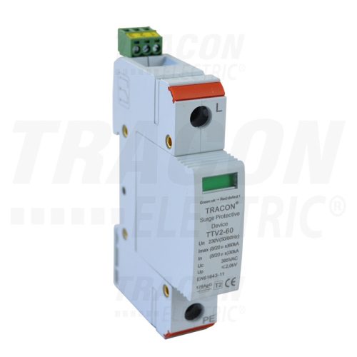 Tracon AC túlfeszültség levezető, 2-es típus, cserélhető betéttel 230 V, 50 Hz, 30/60 kA (8/20 us), 1P