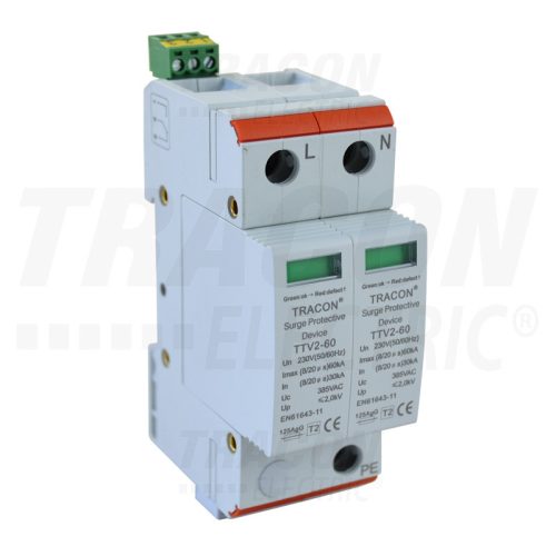 Tracon AC túlfeszültség levezető, 2-es típus, cserélhető betéttel 230/400 V, 50 Hz, 30/60 kA (8/20 us), 2P