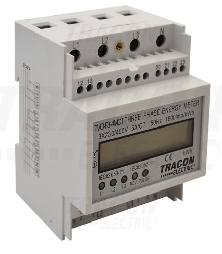 Tracon LCD kijelzésű háromfázisú áramváltós fogyasztásmérő, 4 modul 400V / 5 A CT Pd=3W
