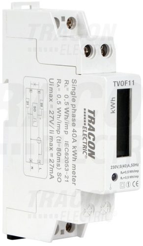 Tracon LCD kijelzésű fogyasztásmérő, közvetlen, 1 fázisú, 1 modul 230VAC / 5(40)A