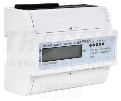 Tracon LCD kijelzésű fogyasztásmérő, közvetlen, 3 fázisú, 7 modul 400VAC / 10(100)A