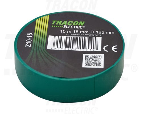 Tracon Szigetelőszalag, zöld 10m×15mm, PVC, 0-90°C, 40kV/mm