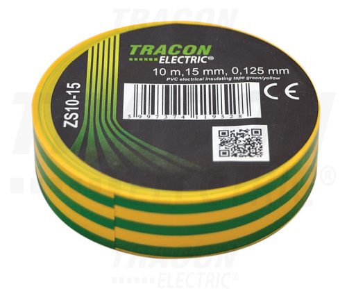Tracon Szigetelőszalag, zöld/sárga 10m×15mm, PVC, 0-90°C, 40kV/mm