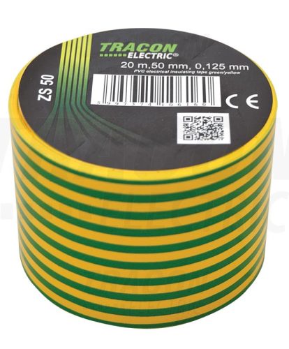 Tracon Szigetelőszalag, zöld-sárga 20m×50mm, PVC, 0-90°C, 40kV/mm