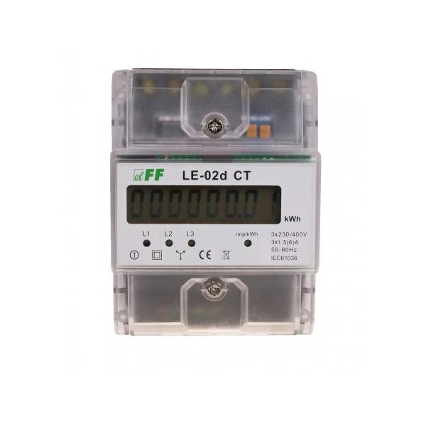 F&F Fogyasztásmérő DIN sínre, 3 fázisú áramváltós, x/5, áttétel: 5-6000, LCD, DIN